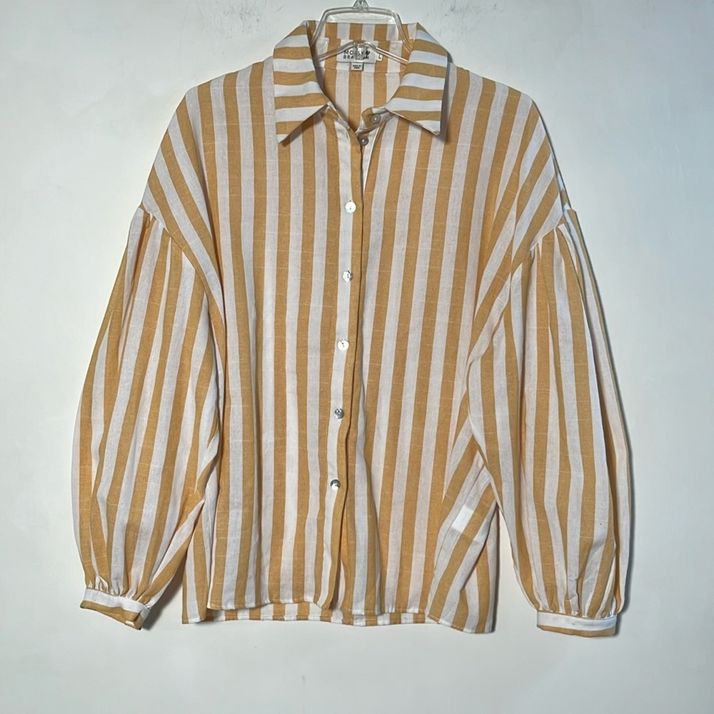 MOLLY BRACKEN Cottage Career Boho Preppy Mustard/White Stripe Puff SLV Blouse L